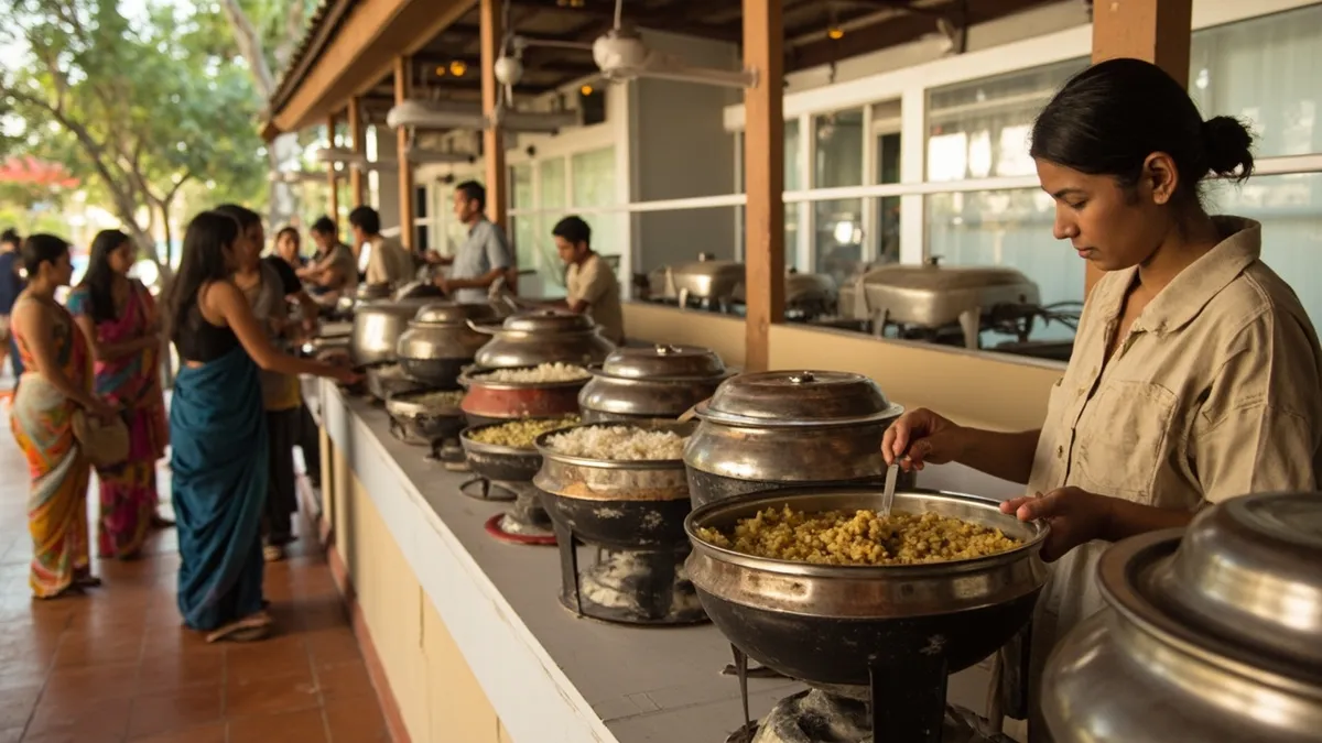 Communal vegetarian lunch service inside Auroville's Solar Kitchen dining hall.