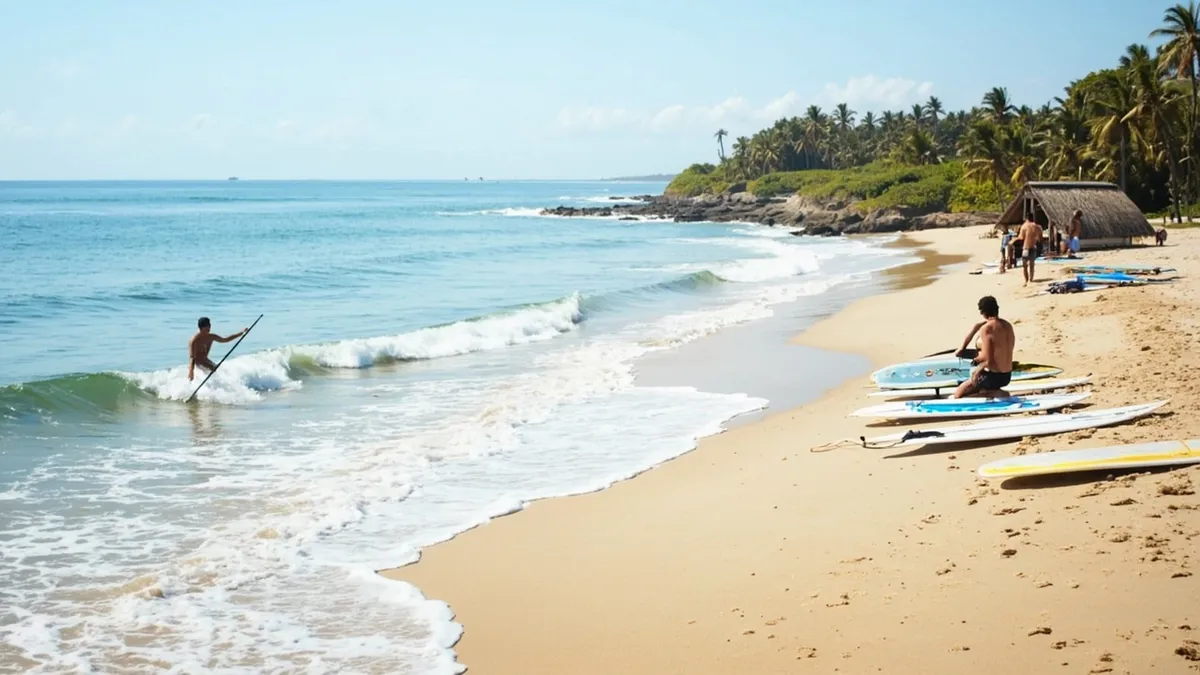 Surfers catching waves at Serenity Beach near Pondicherry, with a surf school offering lessons on the sand.