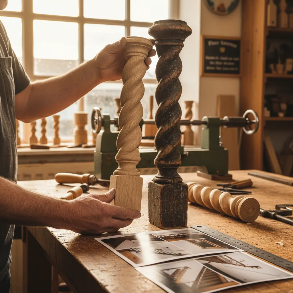 Woodturner comparing a hand-turned barley twist newel post sample against an existing staircase post in a workshop.