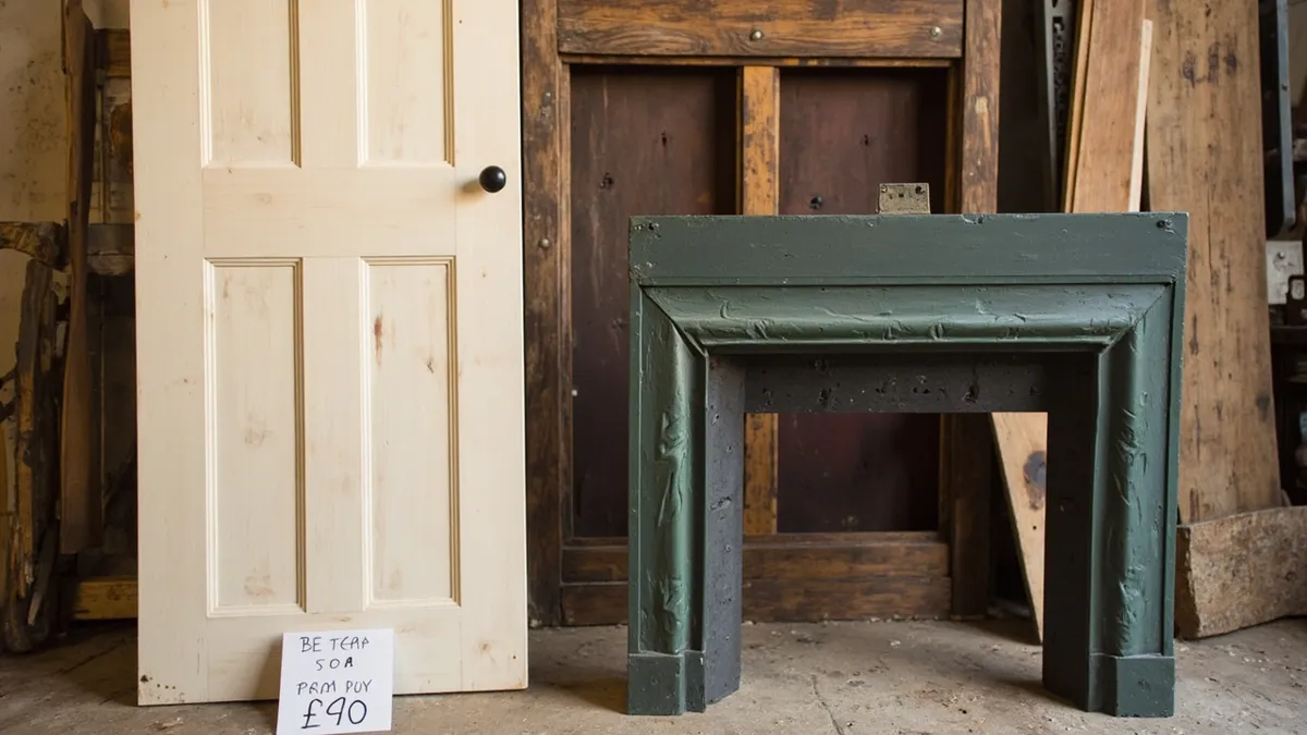 Restored pine door and cast-iron fireplace insert in a workshop with a small price card.