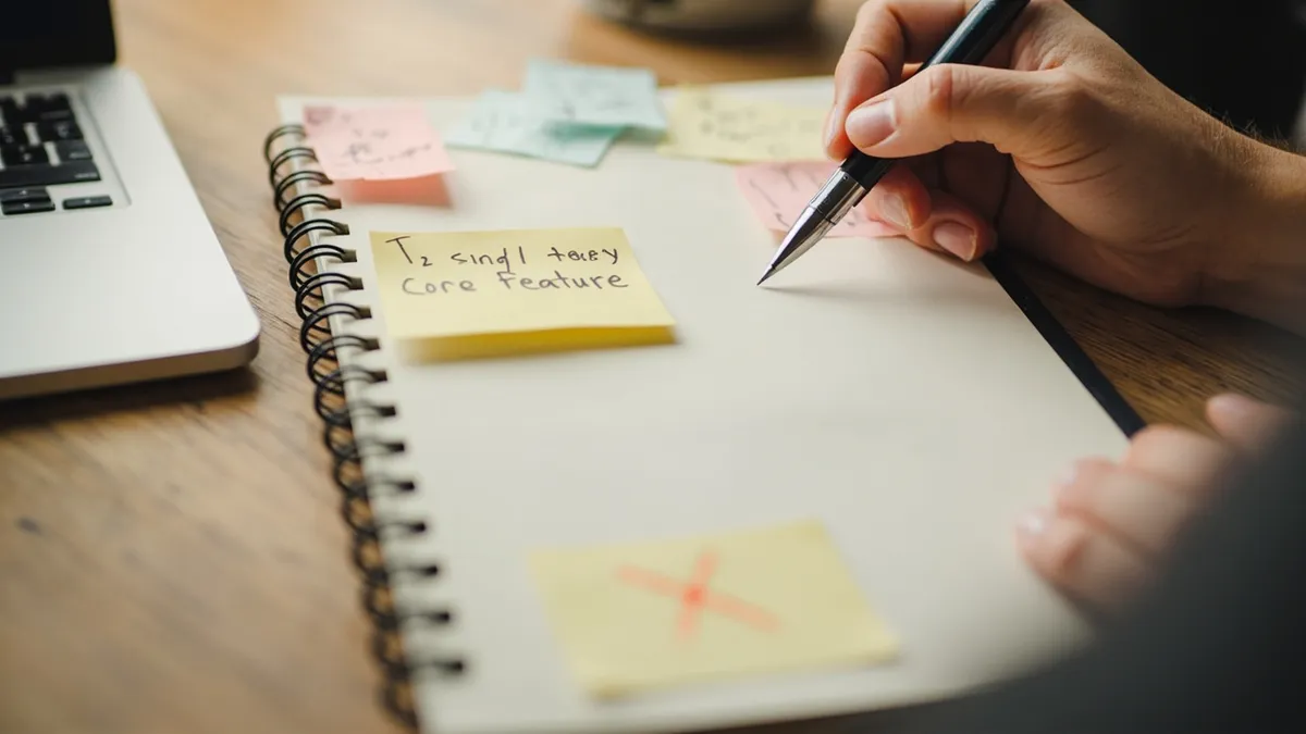 Notebook and pen on a desk with one core feature highlighted and several other feature ideas crossed out on sticky notes.