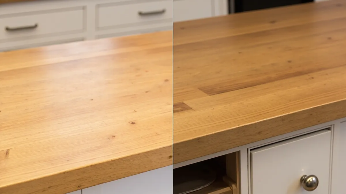 Side-by-side comparison of a pristine oak worktop and a damaged, stained wooden worktop showing pros and cons