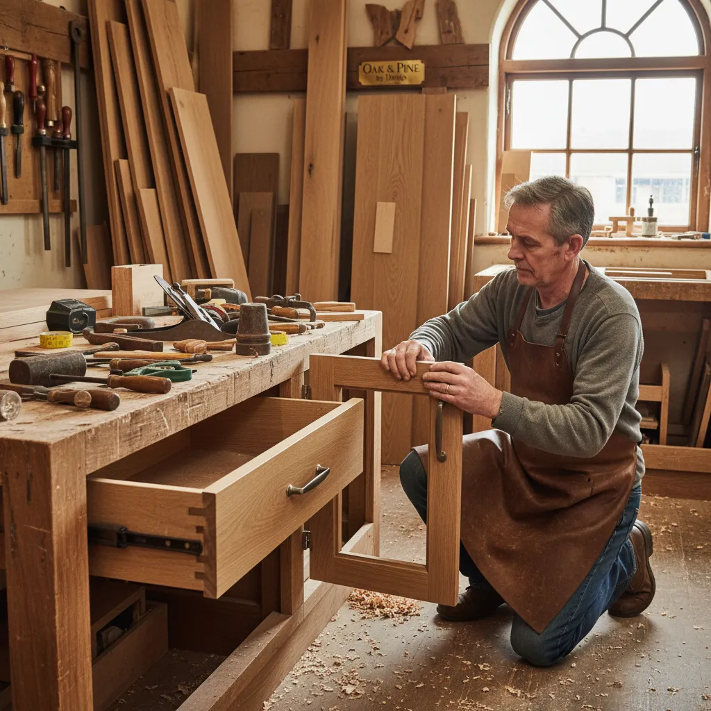 Master craftsman fitting a solid oak cabinet door with traditional joinery in a Yorkshire workshop.