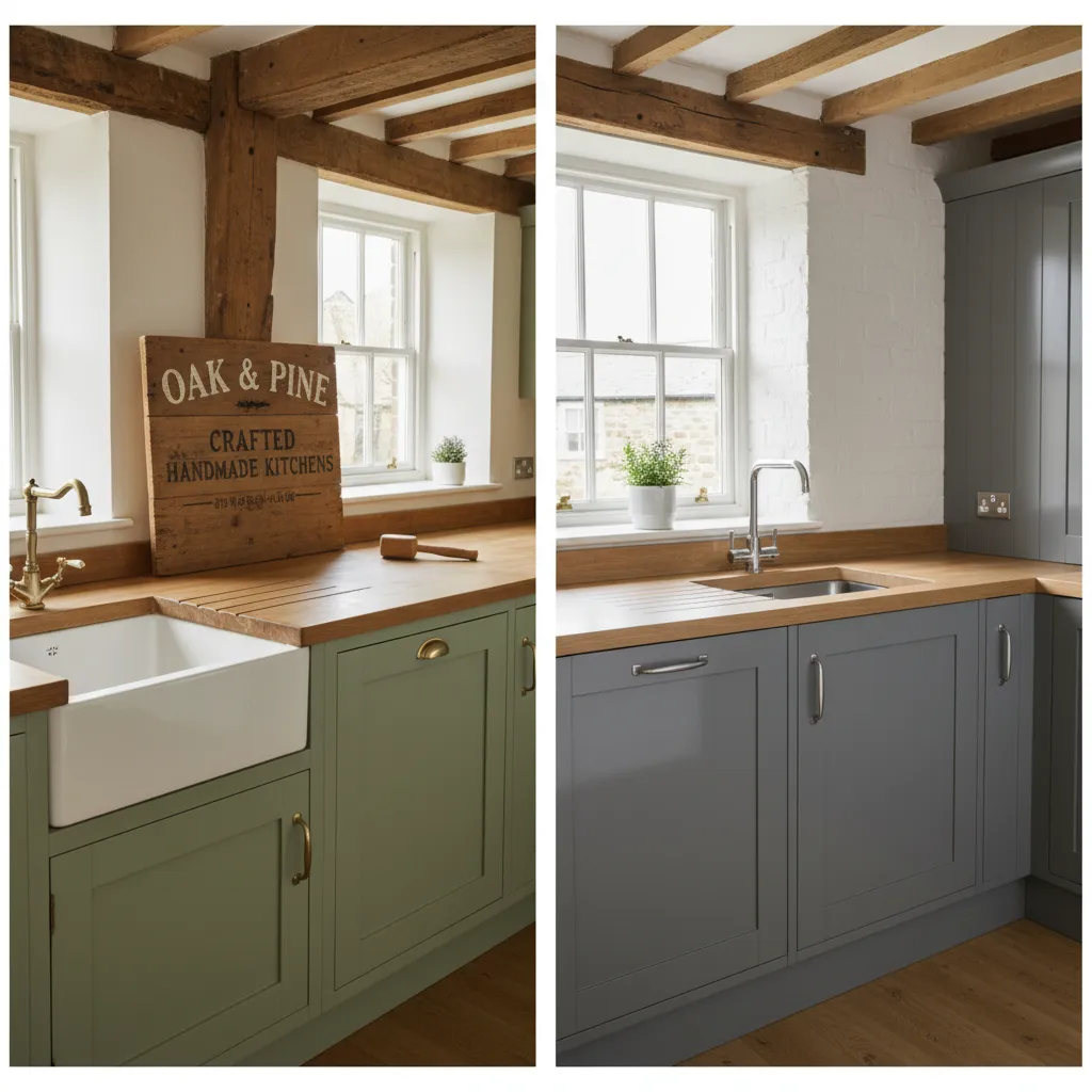 Comparison of a timeless sage green shaker kitchen beside a dated glossy grey kitchen interior.