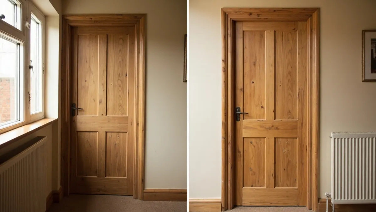 Side-by-side comparison of a restored Victorian pine door and a new pine door in a period hallway.