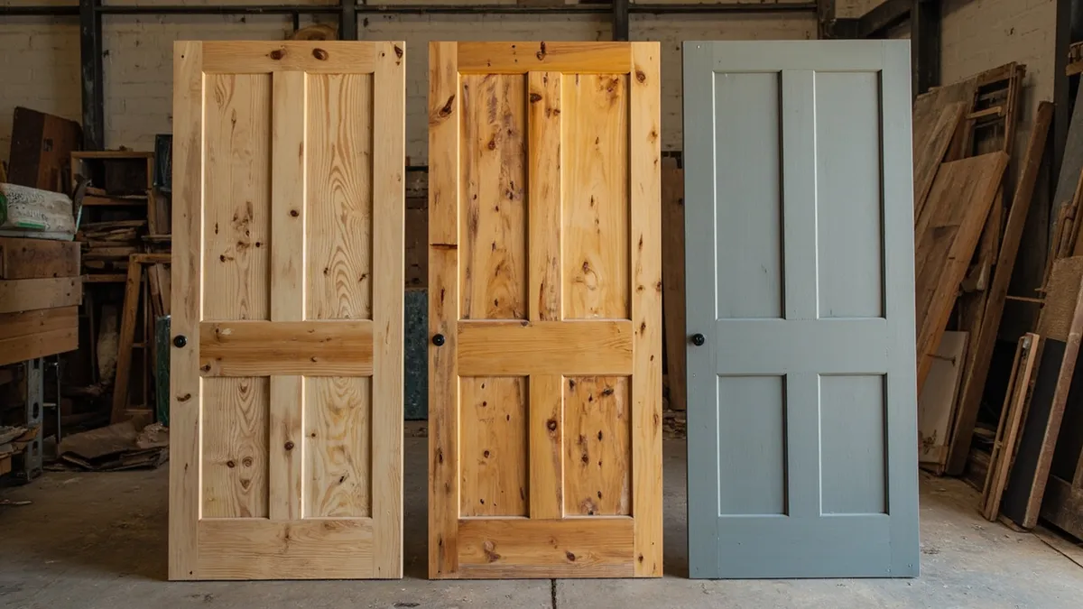 Three stripped pine doors in a workshop finished with wax, oil and heritage paint.