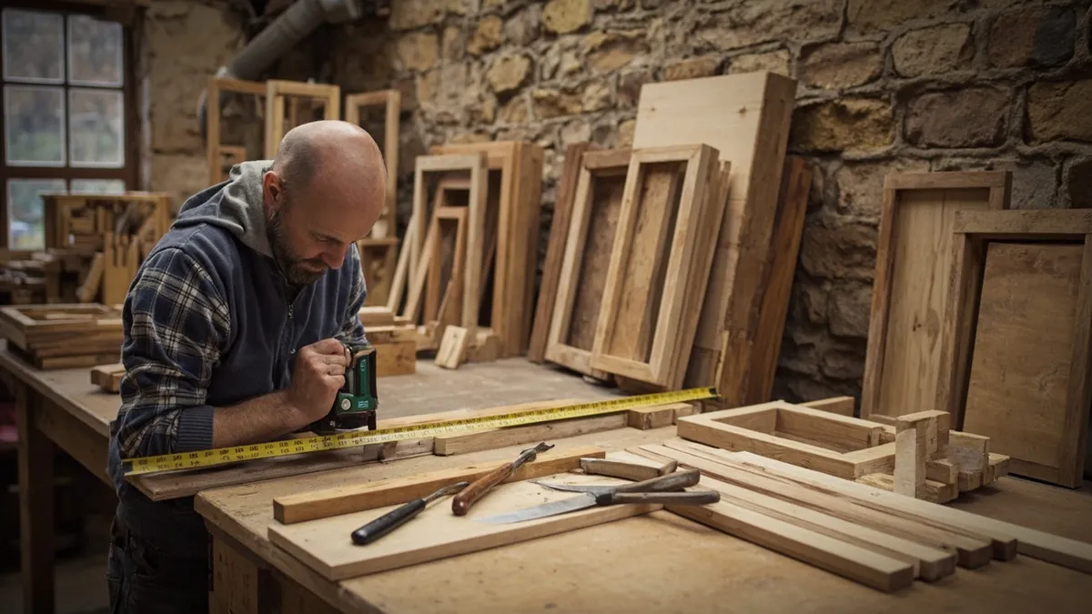 Master craftsman measuring uneven cottage walls in a timber workshop.