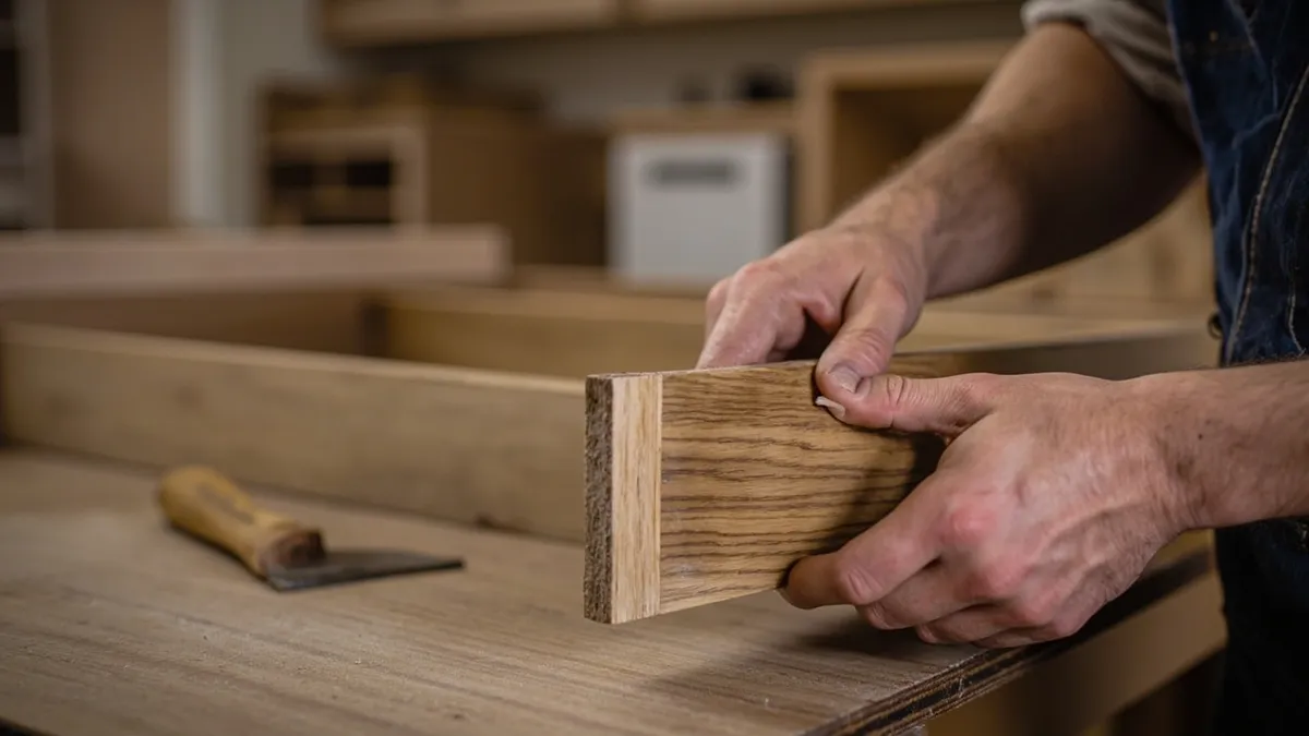 Craftsman opening a dovetail-jointed oak drawer in a workshop.