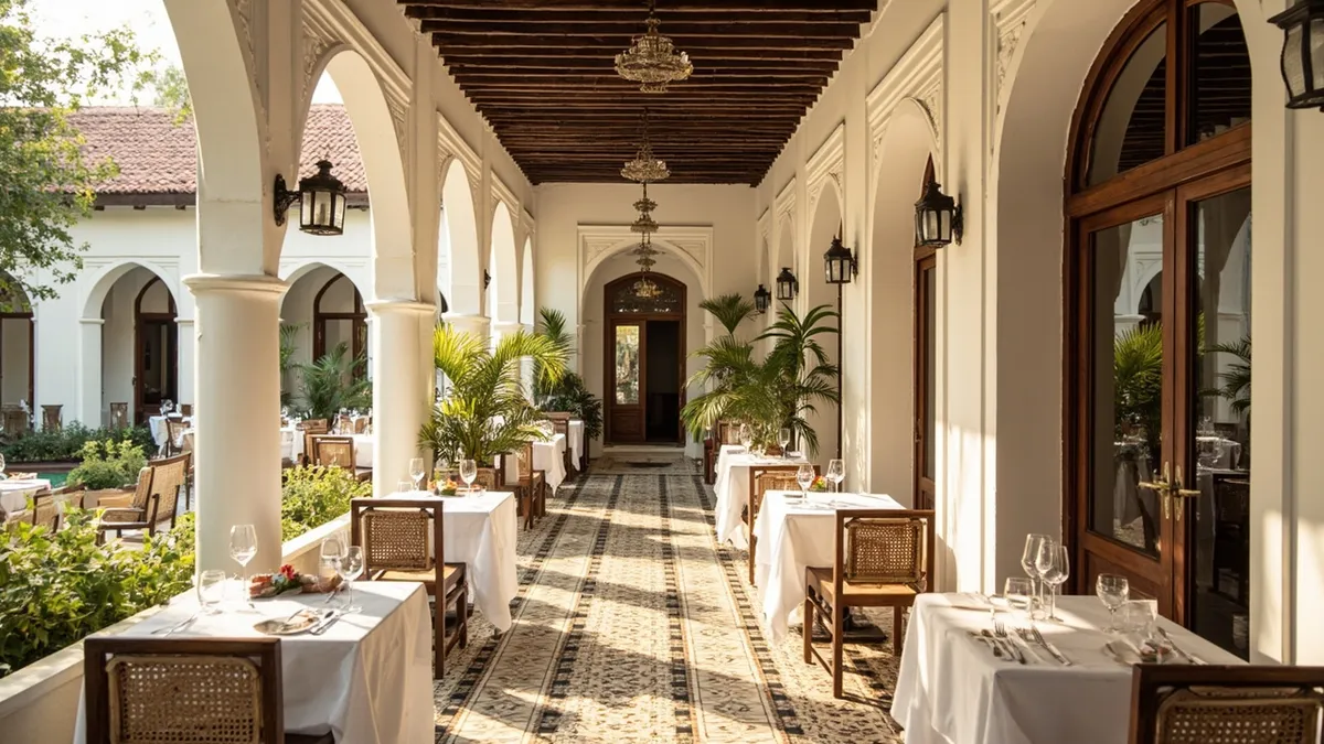 French colonial mansion restaurant with tile floors and a courtyard dining area