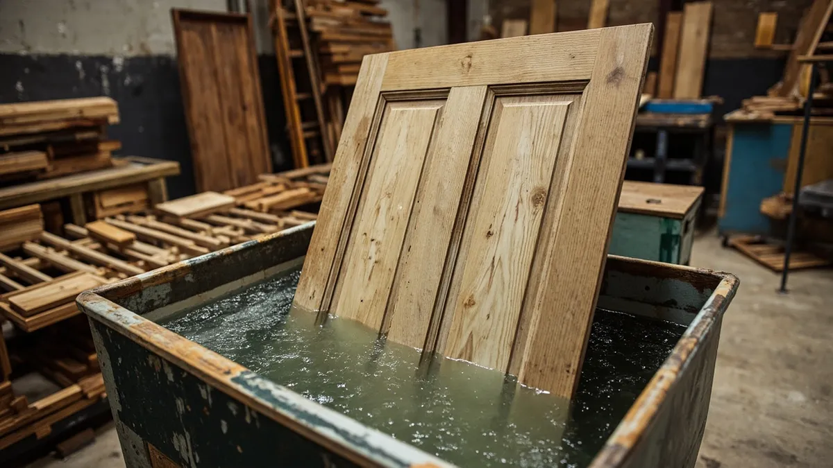 A wooden door panel submerged in a chemical dip-stripping tank beside freshly stripped bare timber pieces drying on a workshop rack.