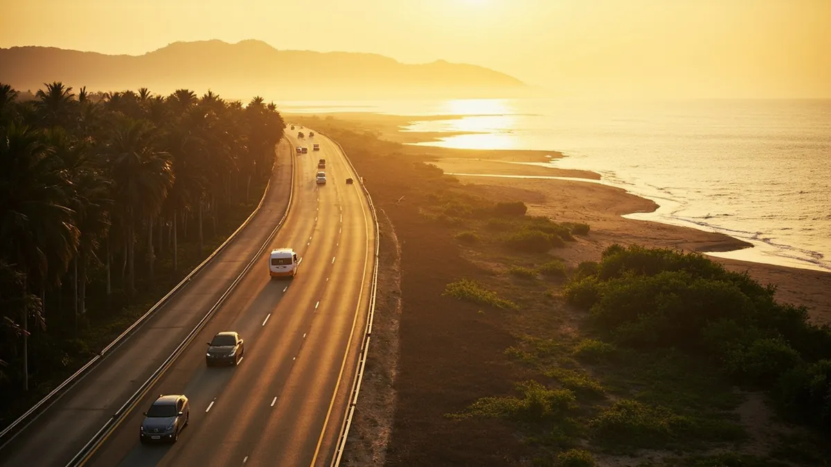 Sunrise drive on the East Coast Road near Chennai, empty lanes and coastal trees.