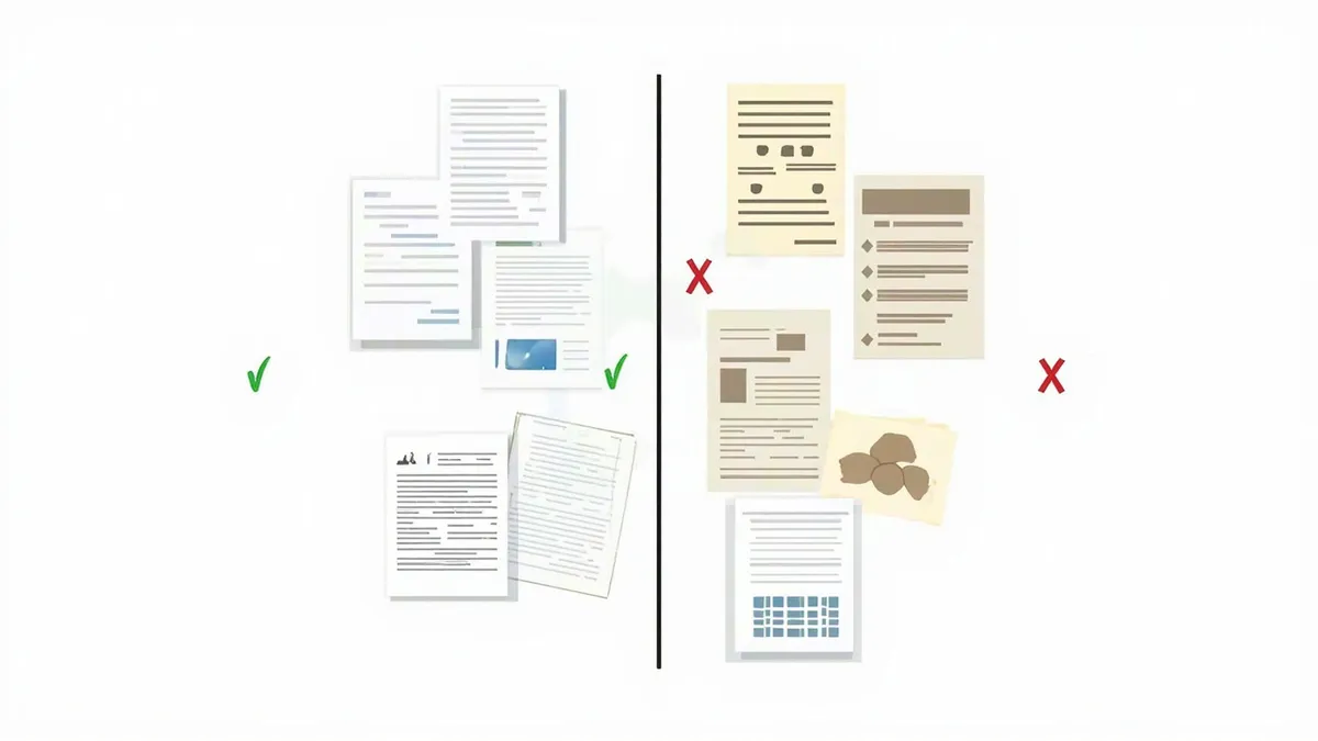 Side-by-side illustration comparing documents that work well with a RAG chatbot, such as FAQs and manuals, against problematic sources like scanned PDFs and complex tables.