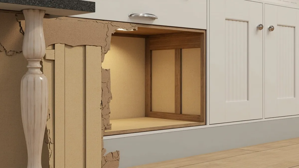 Comparison of failing chipboard kitchen carcasses with swollen, sagging edges next to a well-constructed solid wood cabinet, showing when replacement is needed.