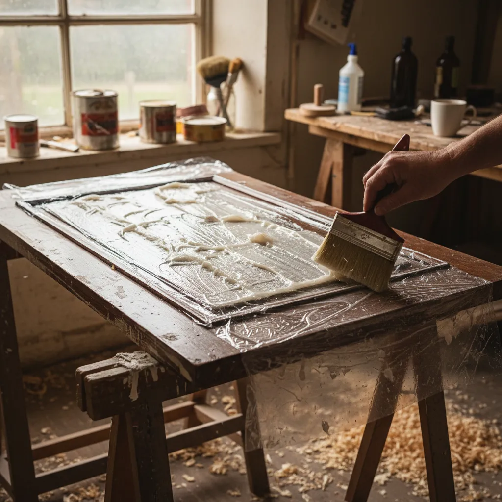 Thick paint-stripping gel brushed onto a flat Victorian door panel under cling film on workshop trestles.