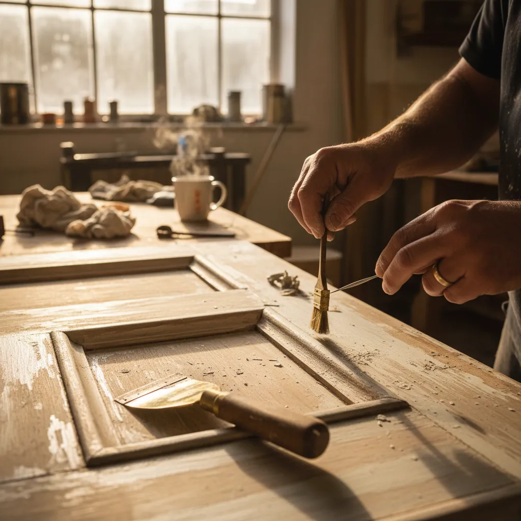 Brass brush and dental pick cleaning softened paint from Victorian door mouldings on a workbench.