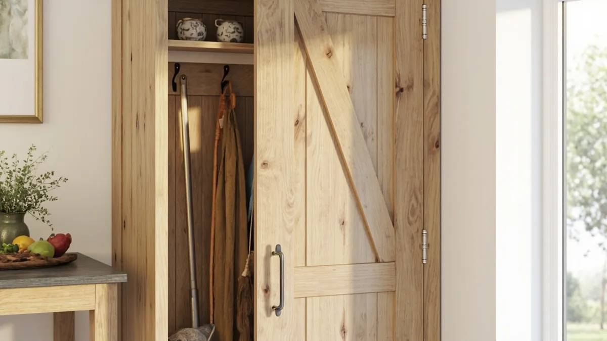 Handmade oak broom cupboard with hooks holding a mop and ironing board inside a utility room.