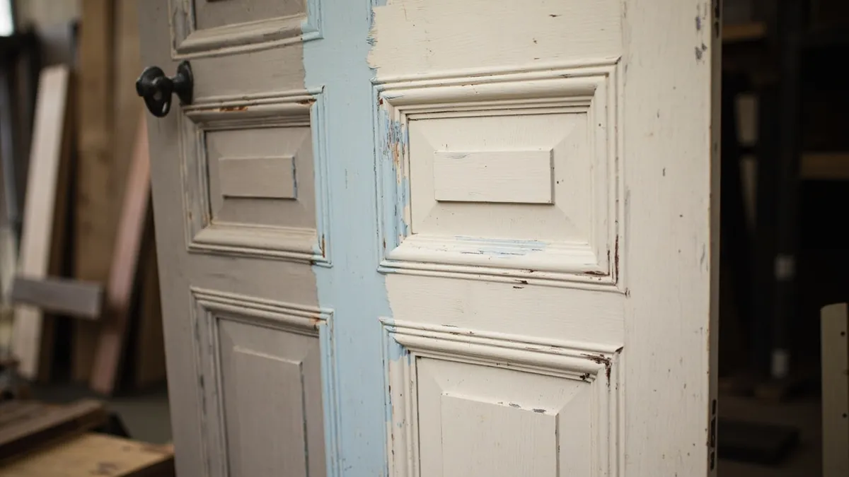 Half-stripped Victorian pine door showing bare timber beside remaining layers of old paint.