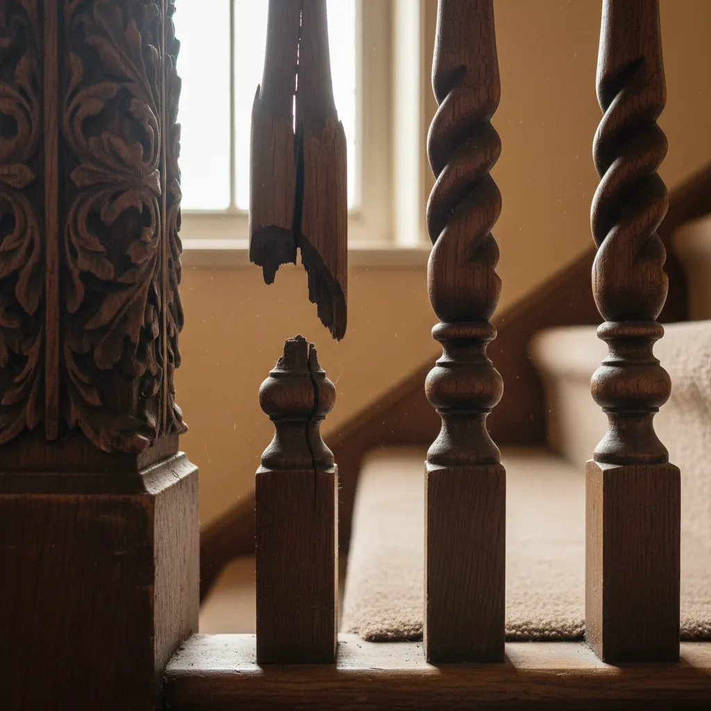Damaged Victorian baluster beside an intact turned spindle on a period staircase