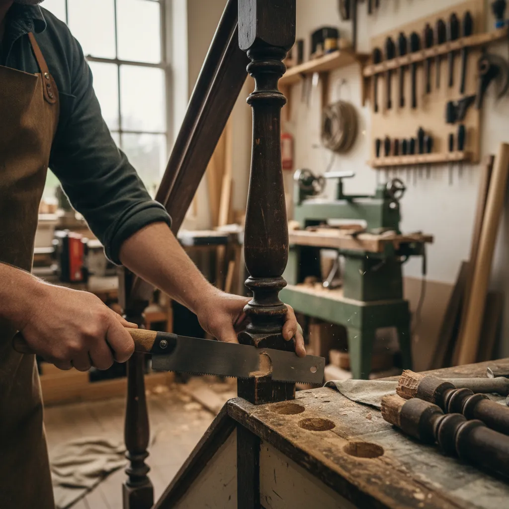 Cutting an old spindle flush at the base rail to free it for replacement