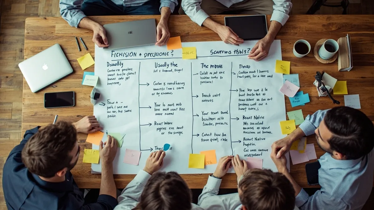 Small business team planning app platform choices around a table with a whiteboard and laptops.