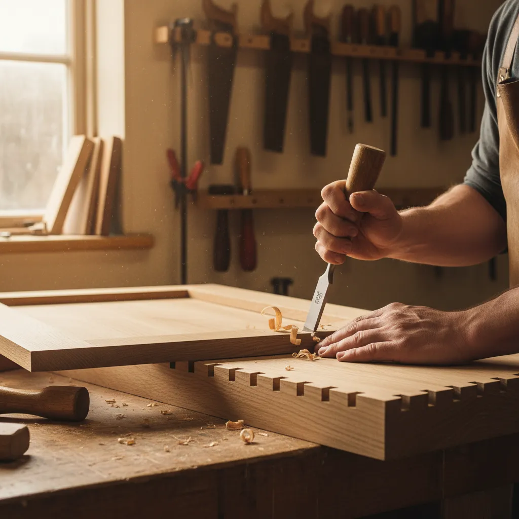 Hands chiseling a through-mortise joint into oak, with hand-cut dovetails on a drawer front nearby