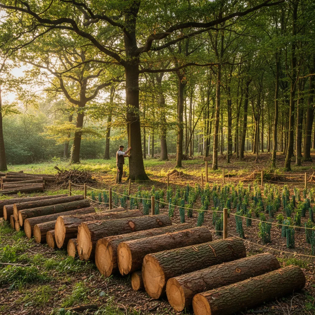 Managed UK woodland with stacked oak logs and young replanted saplings in a clearing