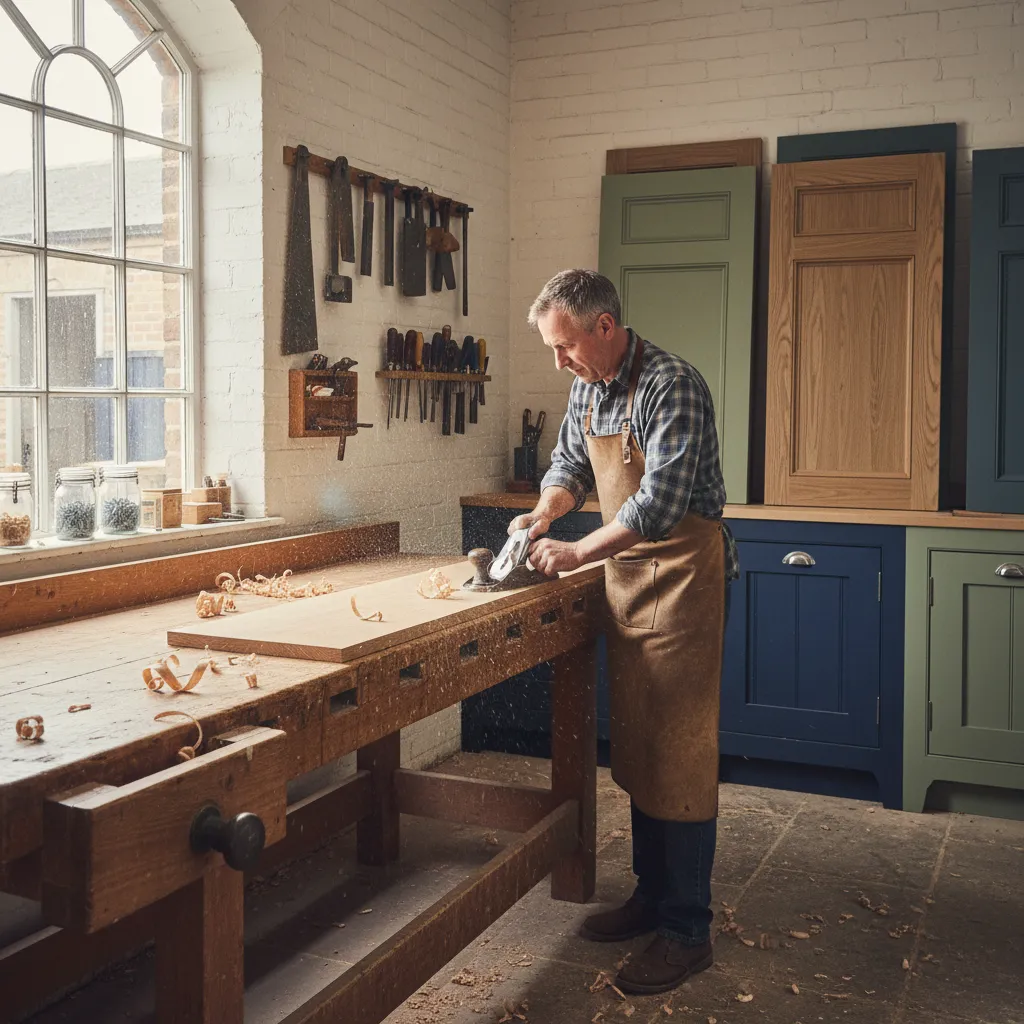 Yorkshire craftsman hand-planing oak on a workbench in a joinery workshop
