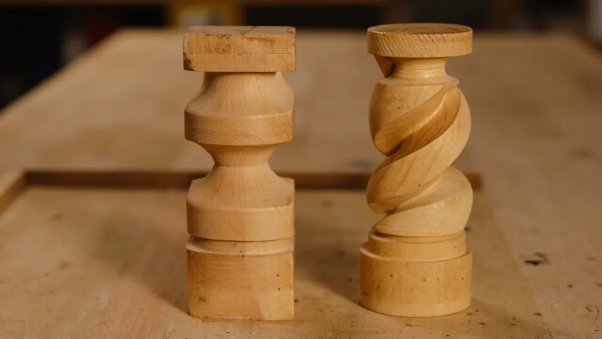Side-by-side close-up of a hand turned and machine made barley twist pilaster showing uneven versus uniform spiral pitch.