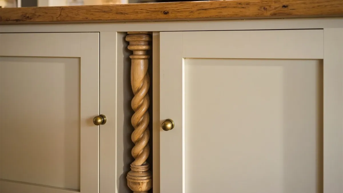 Finished oak barley twist kitchen pilasters framing a traditional cupboard door in a period kitchen.