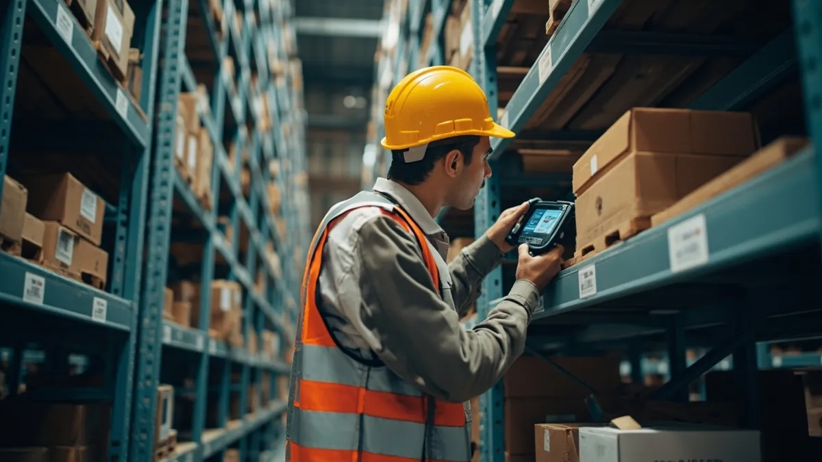 Worker scanning a barcode label on a warehouse shelf with a handheld scanner.