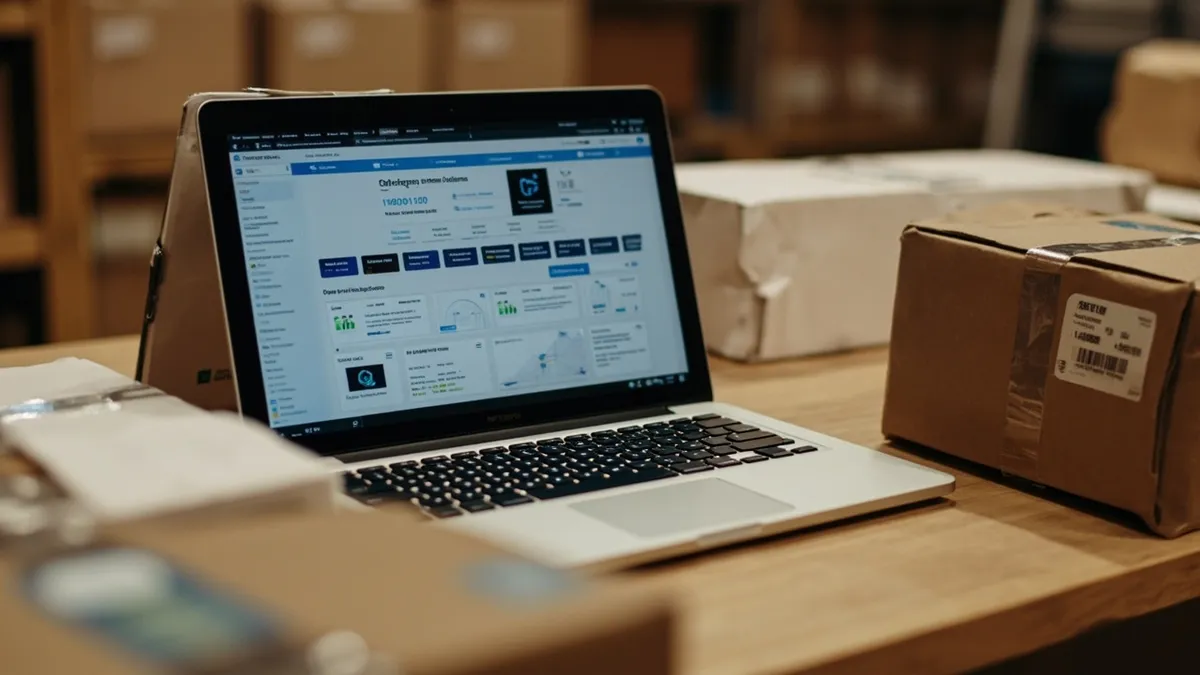 Online store dashboard on a laptop beside packed orders waiting to ship.