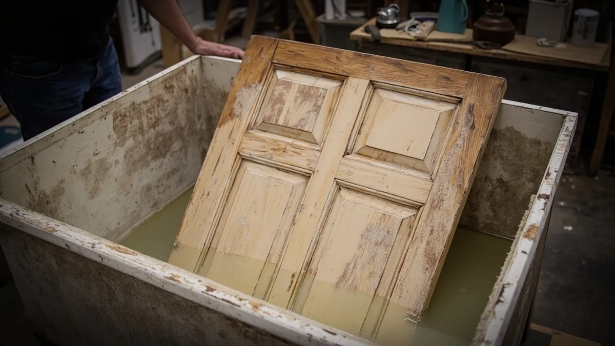 A Victorian pine door dipped in a stripping bath, old paint layers lifting from the wood inside a Yorkshire workshop.