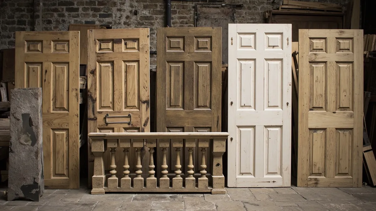 Stripped Victorian pine doors, cast-iron radiators and a stair banister waiting for refinishing in a Yorkshire workshop.