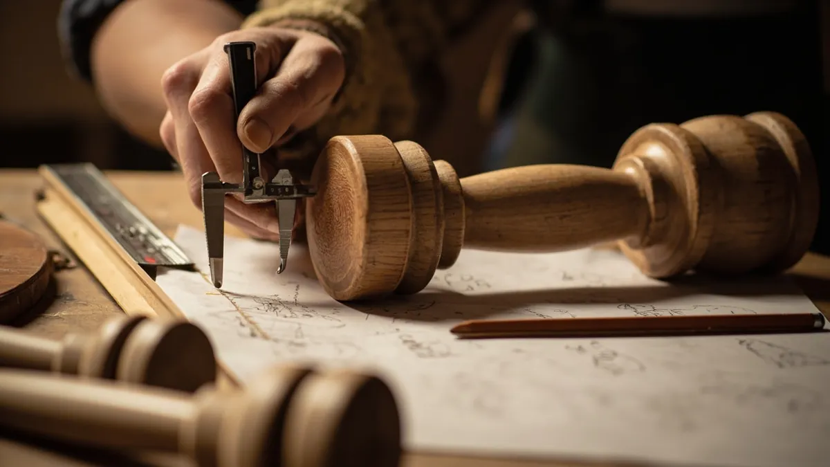 A woodworker measuring a turned timber spindle with calipers on a workshop bench, with tape measure and profile notes.