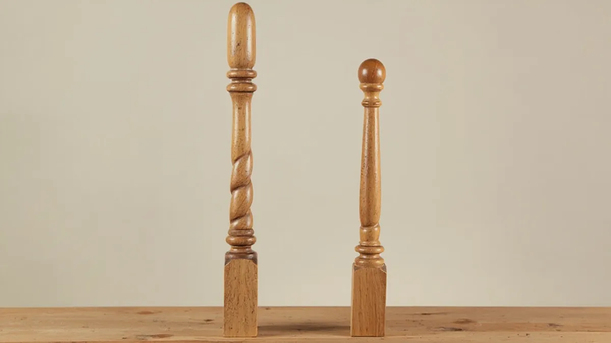 Two turned wooden spindles stood side by side showing the size difference between 32 mm and 41 mm options.
