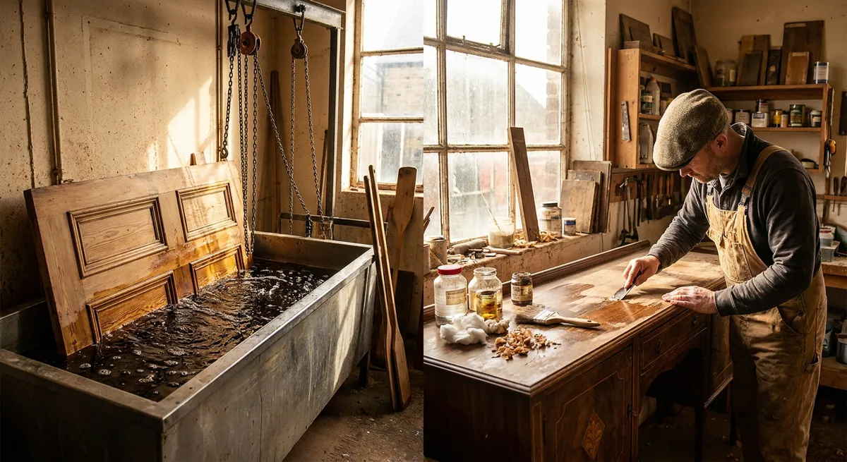 Side-by-side comparison of dip stripping a Victorian door in a tank and hand stripping a delicate walnut sideboard at a workbench.