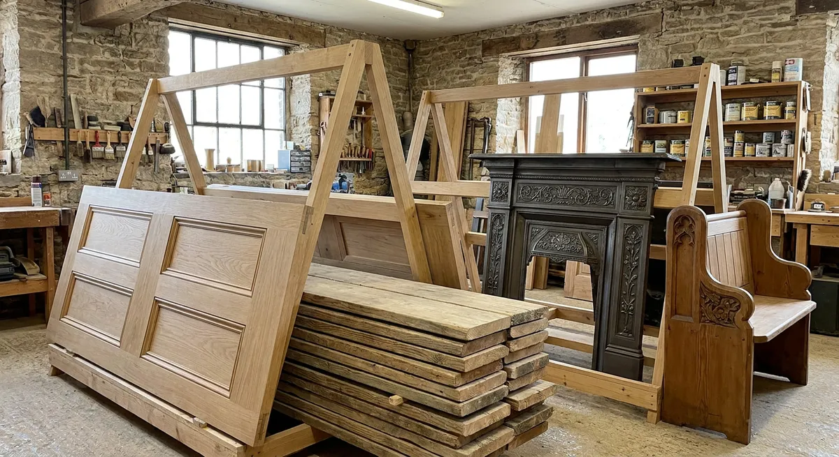 Solid oak door, pine boards, cast-iron fireplace and church pew end drying after successful dip stripping in a Yorkshire workshop.