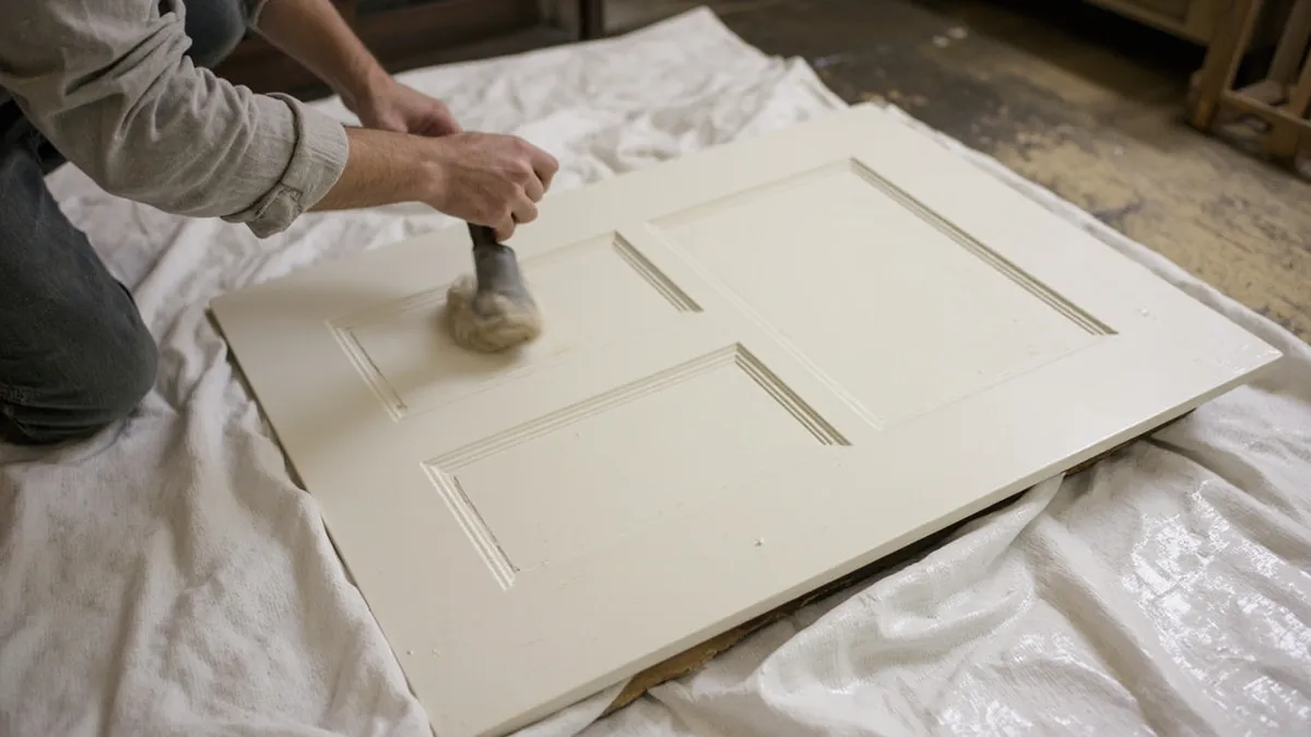 A Victorian door with crisp mouldings being lightly sanded and repainted, showing when repainting alone is enough.