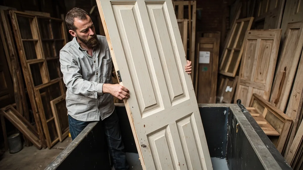 A craftsman dipping a Victorian door into a stripping bath in a workshop, surrounded by stripped bare-wood doors.