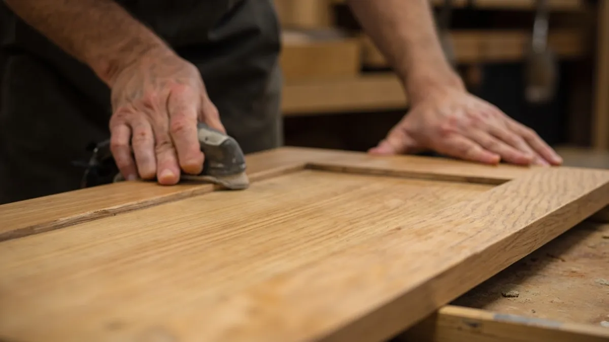 Close-up of hands sanding solid oak cabinetry, highlighting the bold natural grain and warm tone of the hardwood.