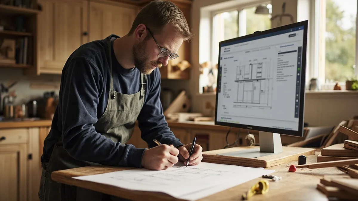 Master craftsman planning bespoke kitchen designs at a workshop bench with timber samples.