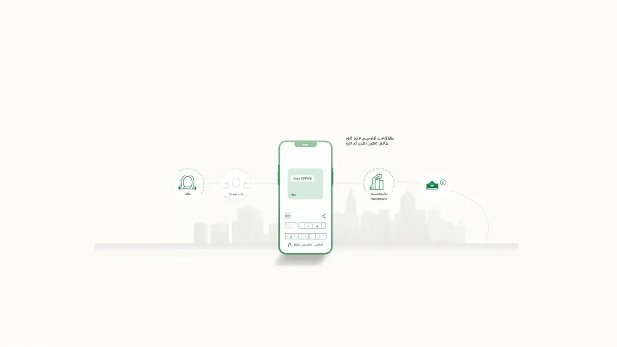 Illustration of a phone showing Nafath login verification, linked to mada, Absher and STC Pay integration icons.