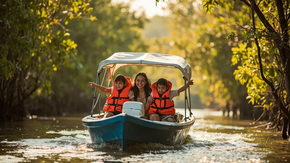 Family with children in life jackets enjoying a mangrove boat ride near Pondicherry.