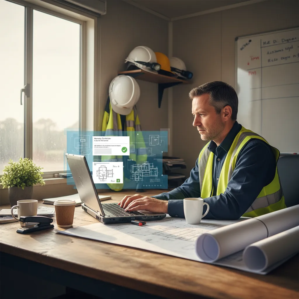 Site manager reviewing digital construction documents on a laptop inside a site office trailer