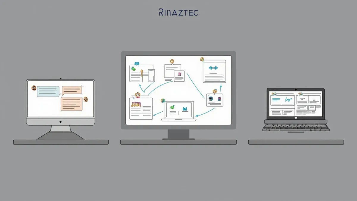 Comparison of chatbot, automation and AI agent shown as three connected desks
