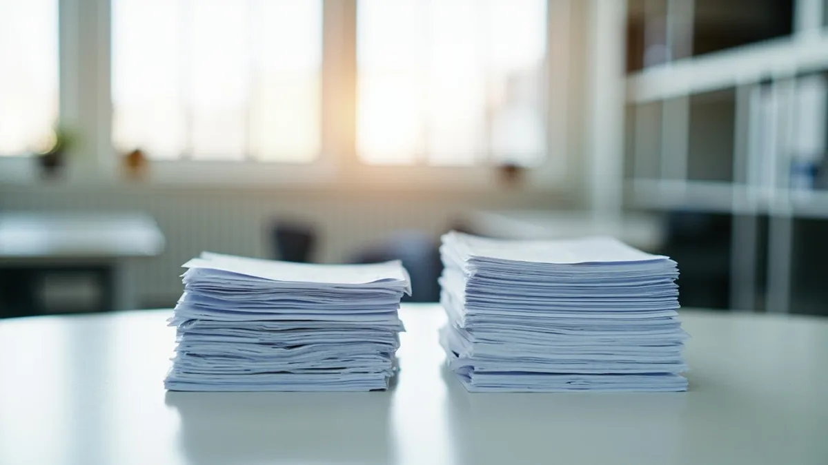 Two stacks of paperwork side by side, comparing custom build work with an off-the-shelf product