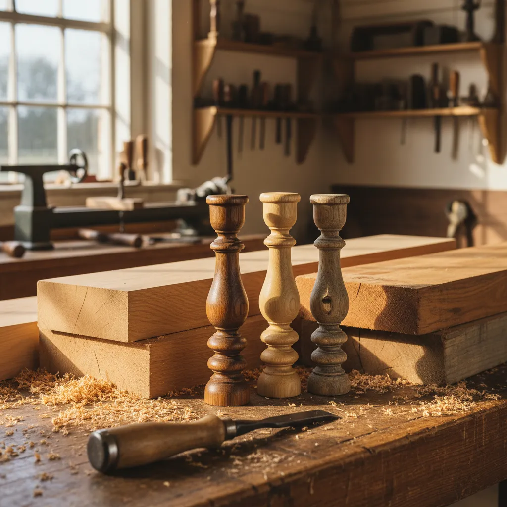 Comparison of oak and yellow pine timber billets with finished turned Victorian baluster samples on a workshop bench.