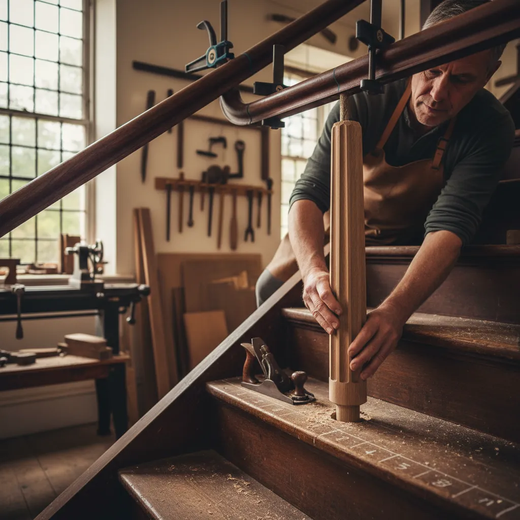 Joiner installing a turned oak baluster into a socket on a Victorian staircase tread beneath a raking handrail.