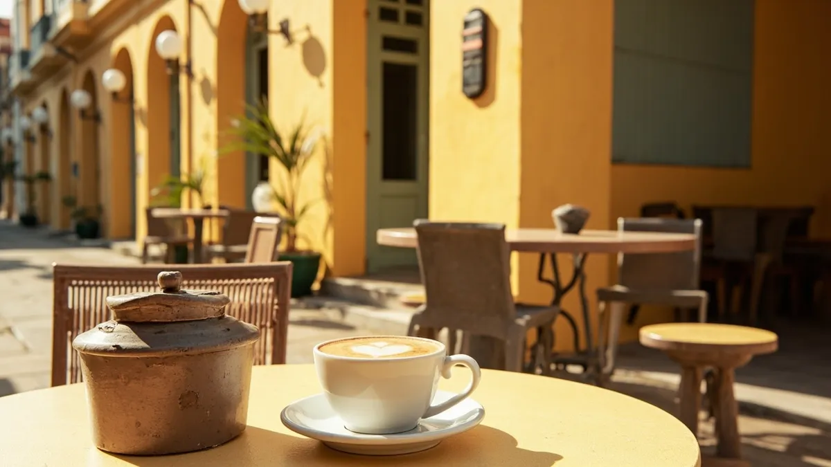 Outdoor café table in Pondicherry's French Quarter with espresso and yellow colonial walls