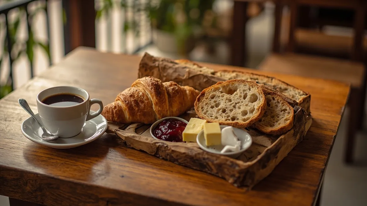Croissant, baguette, jam and coffee served on a wooden tray at a Pondicherry café